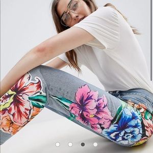 ASOS DESIGN rigid straight leg jeans in cambridge wash with floral patching